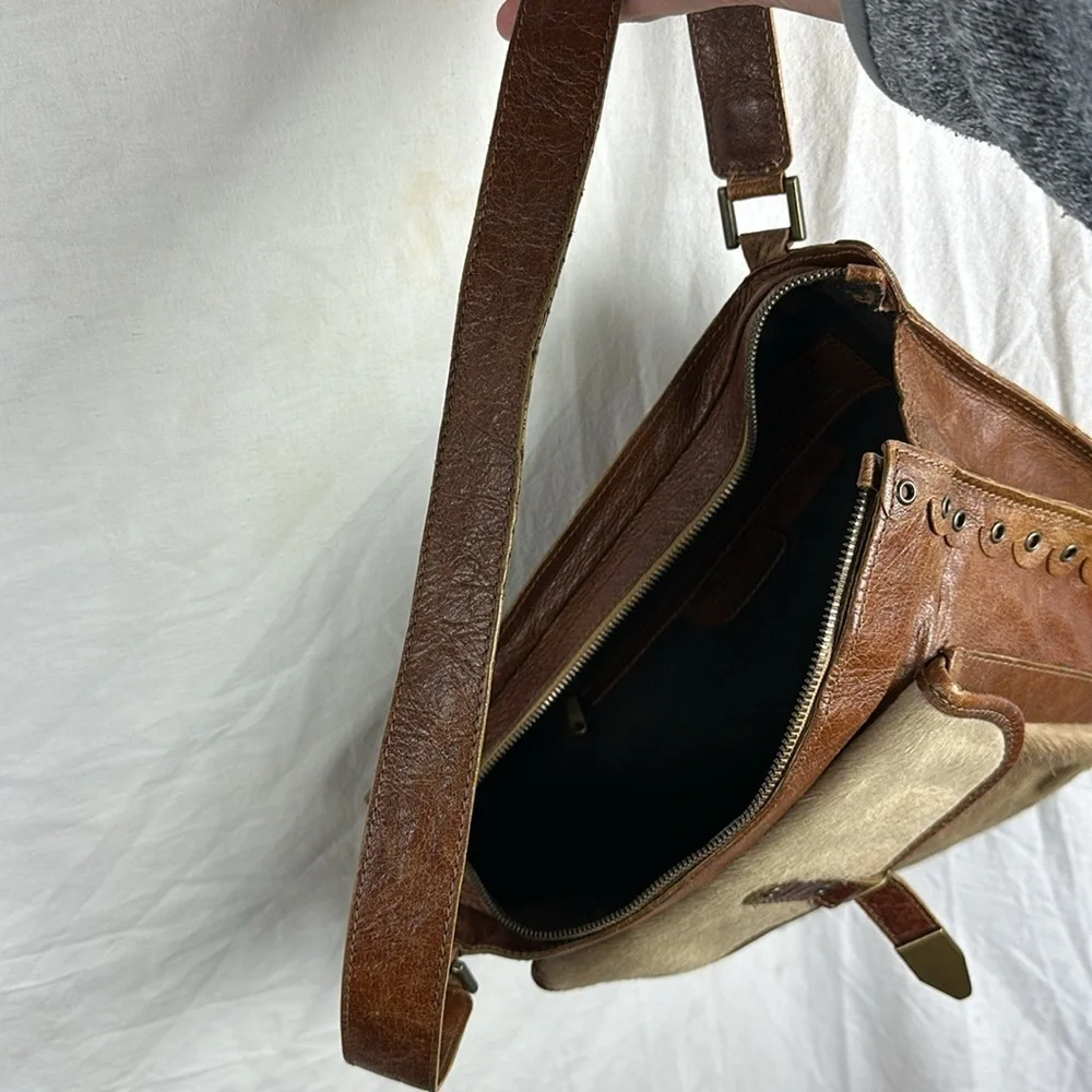 Vintage PRINCIPE Brown Leather COWHIDE PONY HAIR Satchel Crossbody Made in Italy